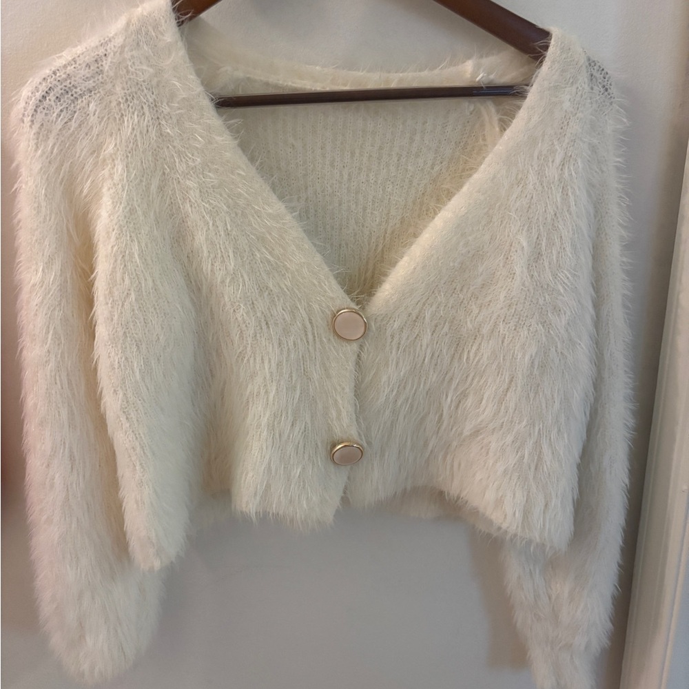 Fuzzy White Cropped Cardigan with Button Closure